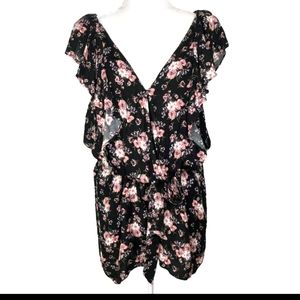 American Eagle Dark Floral Ruffle Romper V Neck